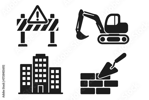 Construction vector icon set. Building industry symbols. Excavator, trowel, brickwork, barrier. Real estate development and architecture pictogram. Under construction sign silhouette.