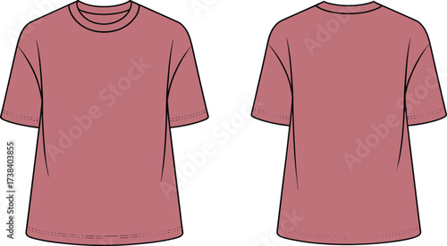 Plain dusty rose t shirt front and back view, short sleeve unisex apparel template, blank clothing mockup, fashion design flat