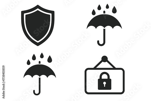 Vector icon set for protection, security, and weather. Shield for safety and defense, umbrella for rain, and a closed sign with padlock for privacy and being locked down.