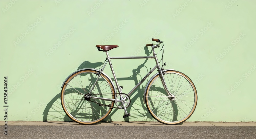 Fototapeta premium Bicycle leaning on pastel wall with bold urban shadow effect