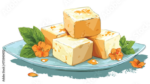 Delicious Paneer Dairy Food Vector Design with Outline on White Background
