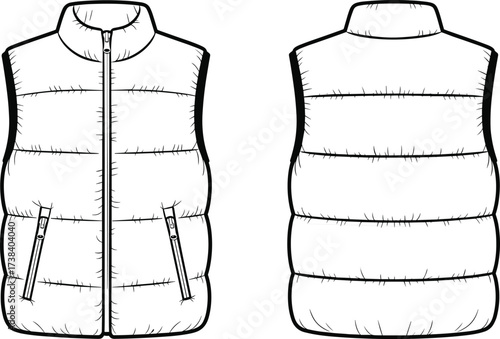 Puffer vest flat fashion illustration front and back view, sleeveless quilted outerwear sketch, apparel design template, clothing vector outline, winter jacket