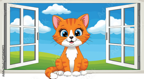 Cute orange kitten sitting on window frame with blue sky, fluffy clouds, green fields, cartoon animal illustration, cheerful domestic cat