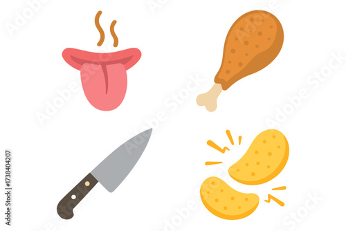 Set of food icons. Vector illustration of taste and crunchy symbol. Chicken leg, potato chips, kitchen knife and tongue. Delicious meal concept. Savory snack and fast food.
