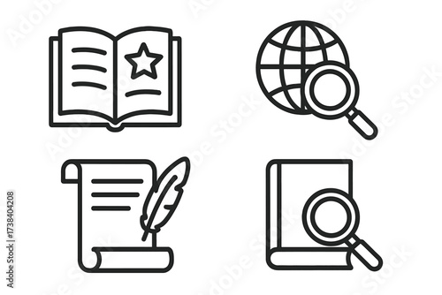 Vector line icon set for story and research. Includes book, globe, scroll, and magnifying glass symbols. Education, learning, knowledge, history, and analysis concept icons.