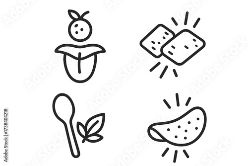 Vector line icon set for food properties. Taste sense, crunchy texture, and crispy snack concept. Illustration of tongue with berry, cracker, potato chip, and spoon with leaf.
