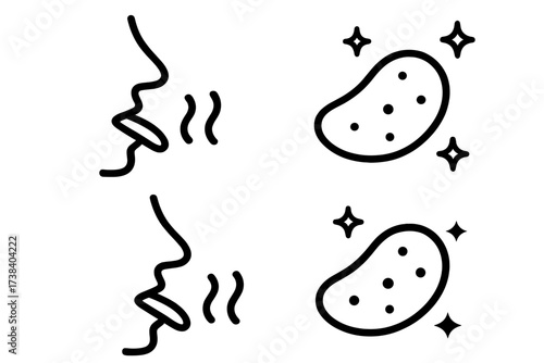 Taste and crunchy symbol icon set. Person smelling food aroma. Crispy potato chip or nugget. Delicious snack flavor pictogram. Clean fresh quality. Food taste vector illustration.