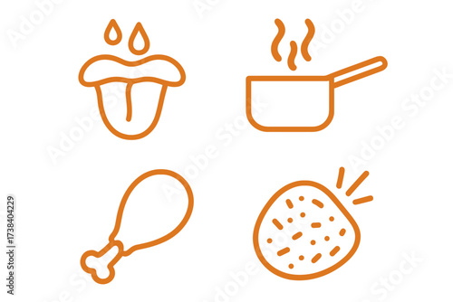 Food and cooking icon set. Vector line art symbols for taste, crunchy texture, hot meal, and fried chicken. Delicious food, gastronomy, and cooking process concept.