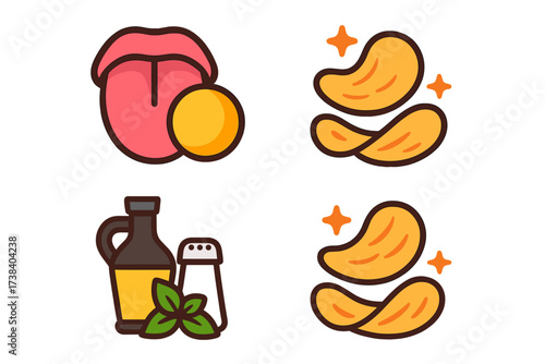 Vector illustration icon set of potato chips flavor. Tasting a crunchy snack. Food symbols with mouth, tongue, salt, oil, basil. For menu, packaging or appetizer concepts.