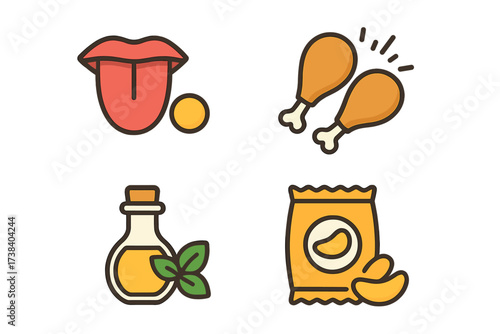 Food and taste icon set. Vector illustration of crunchy chicken, potato chips, cooking oil with herbs and a tongue representing flavor. Fast food, snack and ingredient concept.
