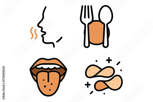 Crunchy Snack Taste and Eating Concept. Abstract Mouth and Tongue Flavor Sensing. Vector Illustration of Food Texture and Senses. Eating Chips Crunch Gesture. Snack Flavor Profile. Food Experience