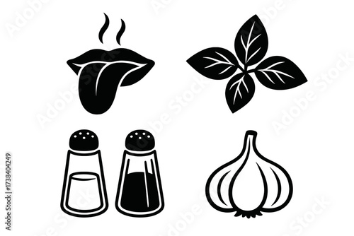 Taste and seasoning vector icon set. Food flavor symbols collection. Salt and pepper shakers, garlic, basil herb leaves and hot spicy taste tongue. Cooking ingredients.