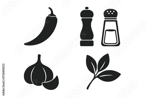 Spice and seasoning vector icon set. Flavor and taste symbols for cooking. Chili pepper, garlic, salt shaker and pepper mill. Kitchen ingredient silhouette icons for food design.