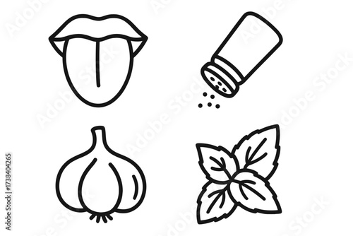 Taste and seasoning line icon set. Food flavor and spice symbols. Vector icons of tongue, salt shaker, garlic, and mint leaf for cooking ingredients and culinary concepts.