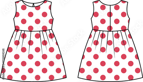 Polka dot sleeveless dress flat fashion illustration front and back view, fitted bodice sketch, apparel design template, clothing vector outline, garment pattern