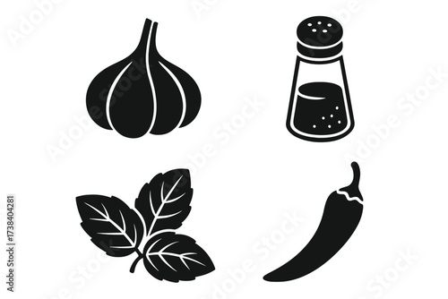 Spices and seasoning vector icon set. Black glyph silhouette collection for cooking and food design. Includes garlic, salt shaker, hot chili pepper, and fresh basil leaves.