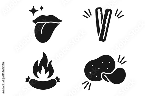 Vector icon set of taste and crunchy food symbols. Glyph collection for delicious flavor, crispy snacks, grilled sausage, and potato chips. Food pictogram for menu or packaging.