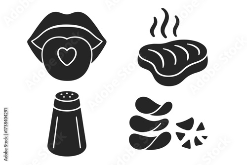 Taste and flavor glyph icons. Food symbols. Delicious meal. Tongue with heart. Hot grilled steak, salt shaker, crunchy potato chips and crisps. Savory snack vector set.