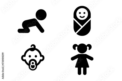 Baby icon set, kid and child symbols. Isolated vector objects for graphic design. Newborn, infant, toddler pictograms. Crawling baby, swaddled, pacifier, little girl glyphs.