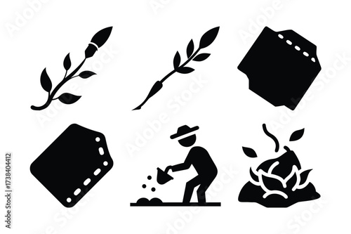 Gardening Icons Set Depicting Seedlings, Plant Labels, Planting and Seed Germination