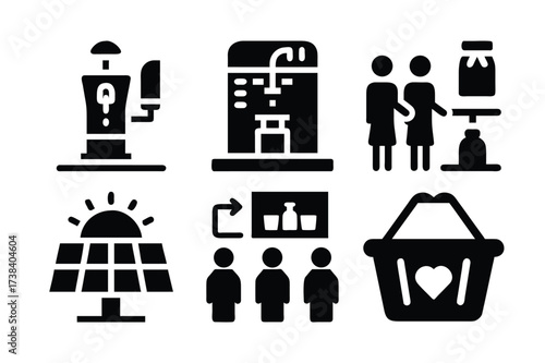 Eco Friendly Marketplace Symbols Collection Depicting Sustainable Shopping, Solar Energy, Recycling, and Automated Service Options
