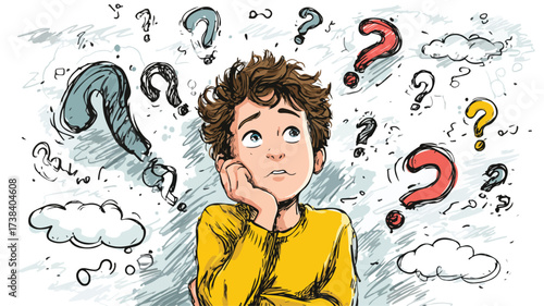 Playful Boy Thinking with Comic Style Question Mark
