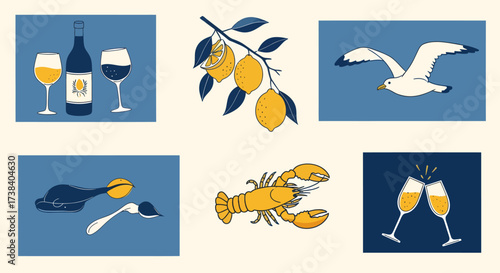 A collection of six illustrations depicting fine dining and coastal themes, including wine, lemons, a seagull, dessert, lobster, and champagne.