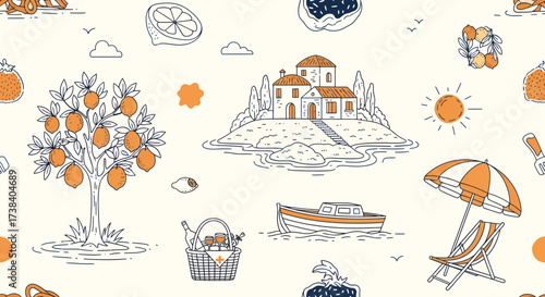 A charming illustration of a Mediterranean summer scene with an orange tree, a villa on an island, a beach chair, and a picnic basket.