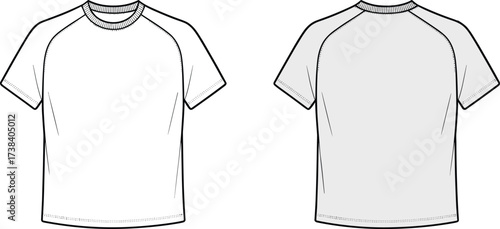 Short sleeve raglan t shirt front and back view, crew neck fashion template, blank apparel design, clothing illustration, garment construction reference