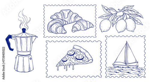 Blue line art drawings of various Italian and French themed items including a moka pot, croissants, lemons, pizza, and a sailboat, presented as stamp-like illustrations.