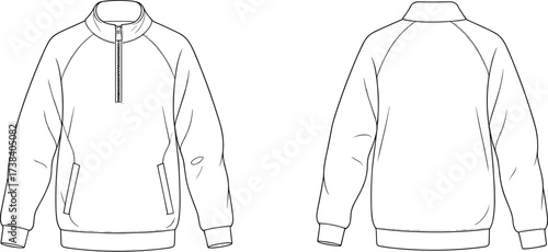 Long sleeve raglan pullover sweatshirt front and back view, half zip collar, welt pockets, ribbed cuffs hem, blank apparel template