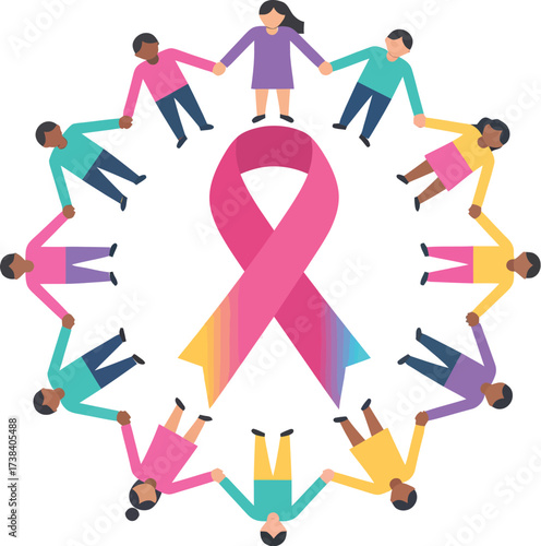 Diverse people form a circle around a pink ribbon symbolizing unity and support