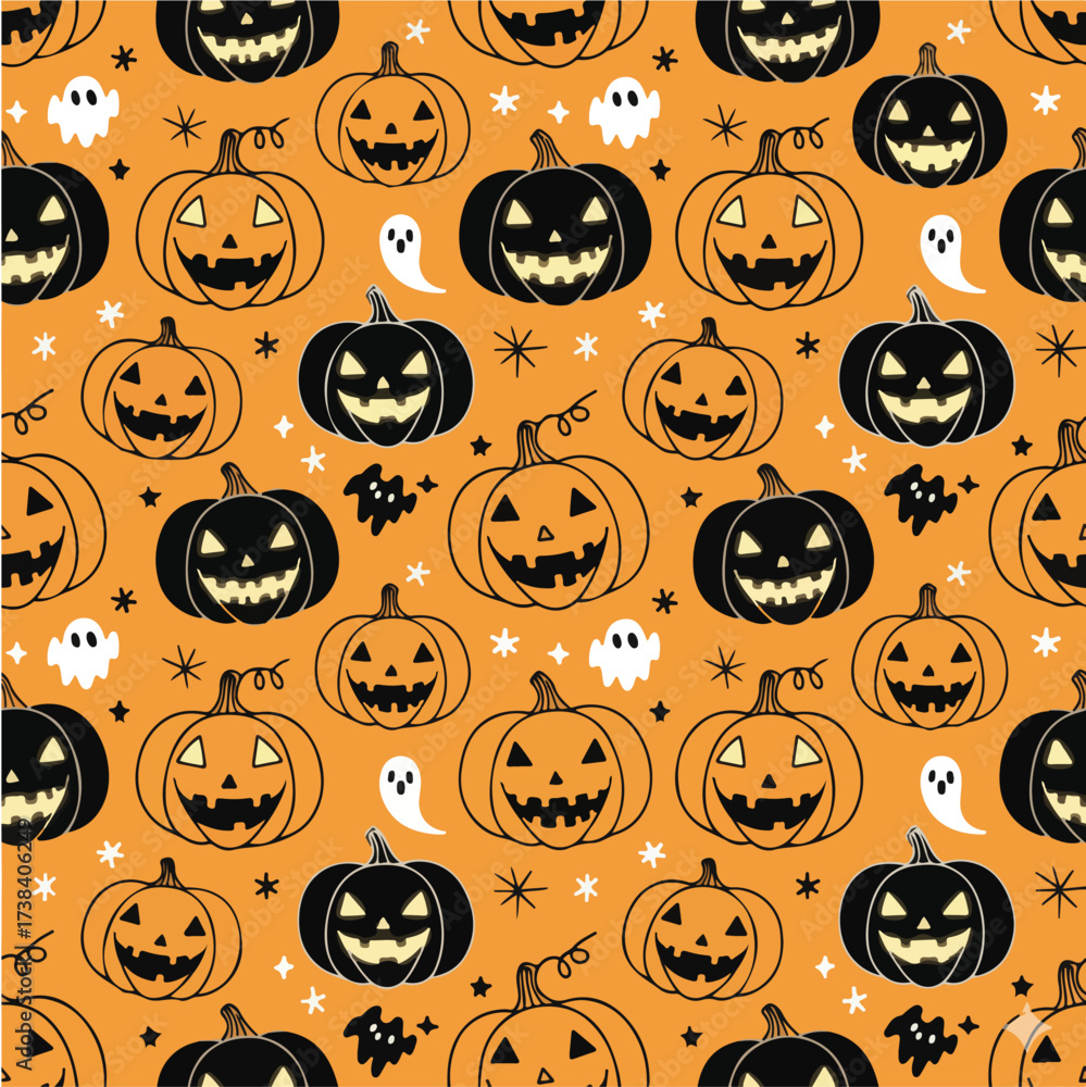 Obraz premium Seamless Halloween Pumpkin Pattern, Cute and Spooky Faces, Orange and Black Vector Design