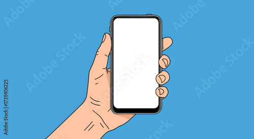 Illustrated hand holding a modern smartphone with a blank white screen, set against a solid blue background.