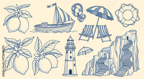 A vintage-style illustration featuring a collection of nautical and beach-themed elements, including lemons, a sailboat, deck chairs, a lighthouse, and a cliffside staircase.