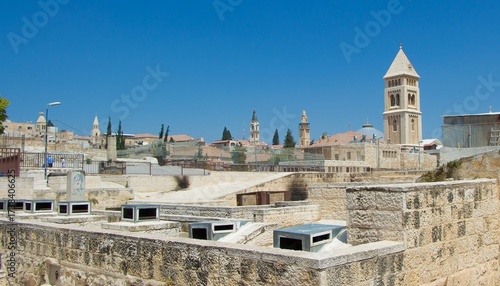 Jerusalem - Historic Stone City With Towers Under Clear Sky, Ancient Walls, Rooftops, and Sun Bright Vista
