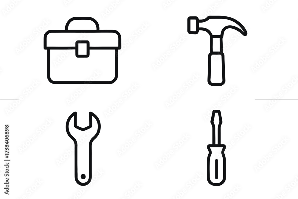 Fototapeta premium Outline icons of toolbox, hammer, wrench, and screwdriver for tool set