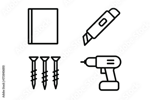 Tool icons: notebook, utility knife, screws, drill