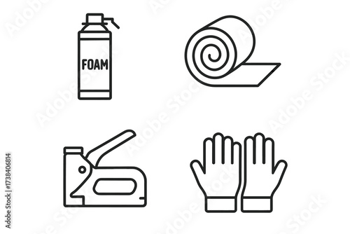 Insulation tools set: foam spray, roll, staple gun, and gloves icons