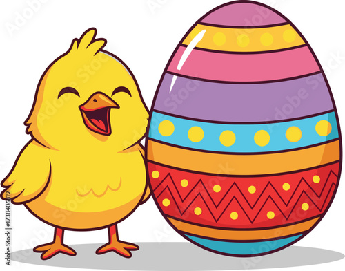 Cute yellow Easter chick with colorful decorated egg, happy spring holiday cartoon illustration, festive celebration design for children greeting cards