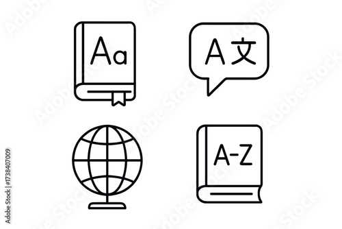 Language learning icons featuring books, globe, and speech bubble