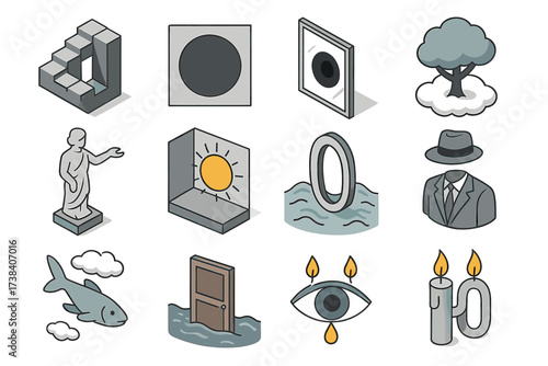 Collection of abstract isometric art objects featuring nature and geometric shapes
