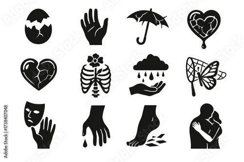 Black silhouette icons of emotion: broken heart, rain, embrace, and more