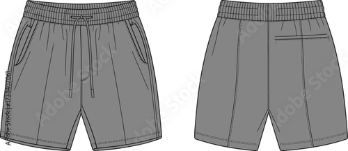 Technical flat sketch, shorts front view, shorts back view, elastic waistband, drawstring closure, side pockets, welt pocket, apparel design, garment illustration, fashion template