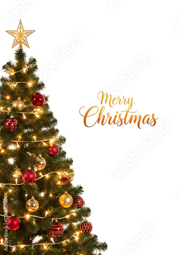 A festive christmas tree isolated on transparent background, adorned with twinkling lights, colorful ornaments, and a radiant star, creating a warm and inviting atmosphere for celebrating the holiday 