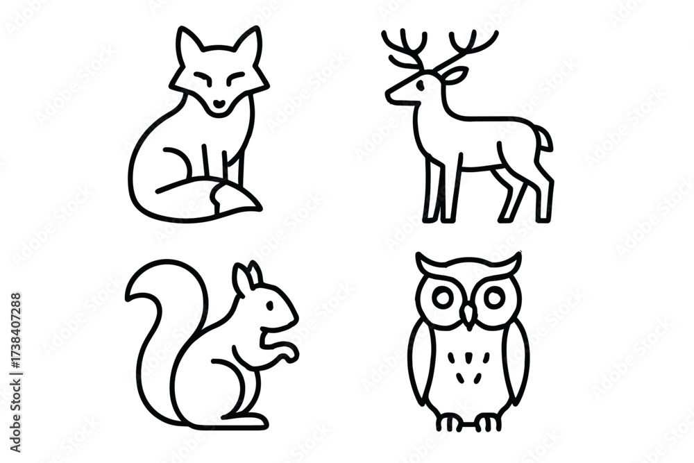 Obraz premium Outline illustrations of fox, deer, squirrel, and owl in minimalist style