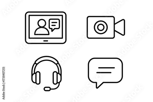 Video conference icons: screen, camera, headset, chat bubble