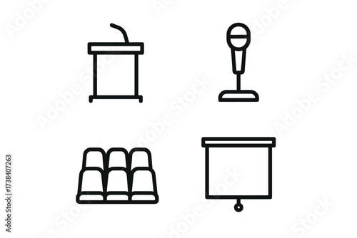 Conference icons: podium, microphone, auditorium seating, projection screen