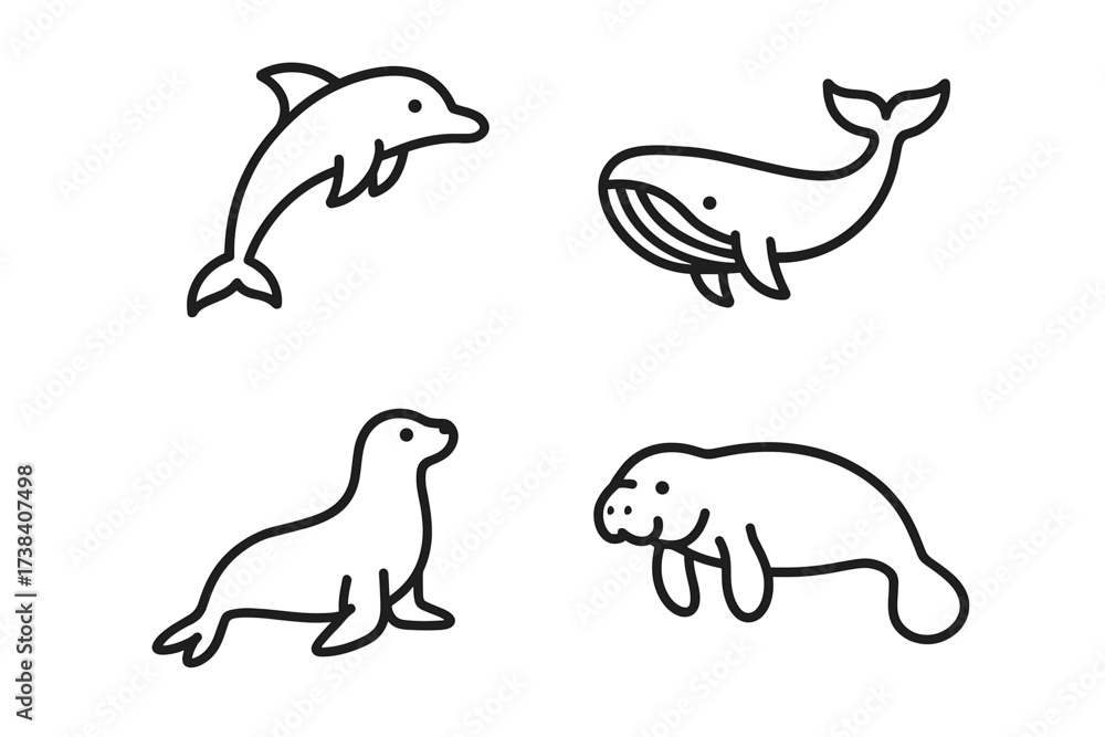 Fototapeta premium Outline illustrations of dolphin, whale, seal, and manatee