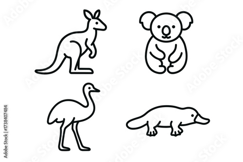 Australian animals icons: kangaroo, koala, emu, platypus - line art design